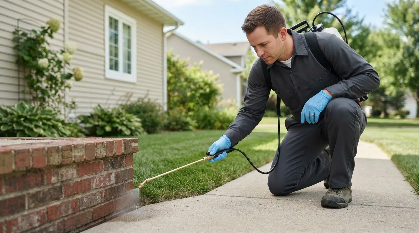 Pest control technician treating a home near Deerfield, NH