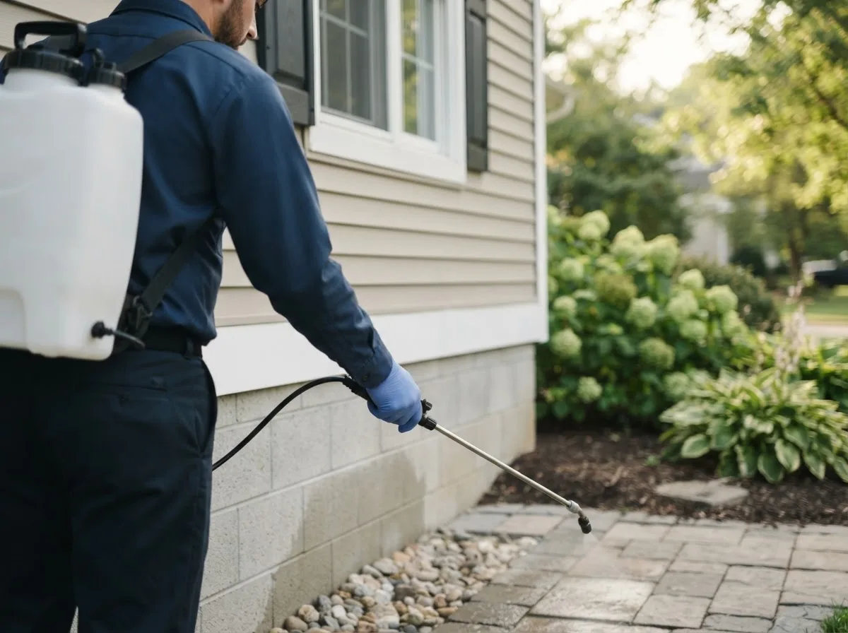 Pest control technician inspecting a home in Deerfield, NH